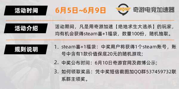 绝地求生免费开玩!用奇游加速免费领steam喜+1福袋