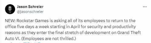 消息称R星员工对重返办公室决定不太买账:远程办公引热议