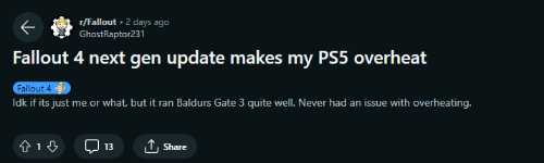 玩家称《辐射4》次世代会让PS5过热:其它游戏就没事