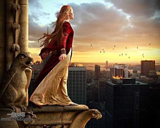 photoshop合成站在阳台上的欣赏落日的美女