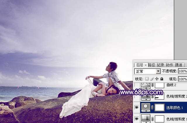 Photoshop制作经典蓝紫色海景婚片