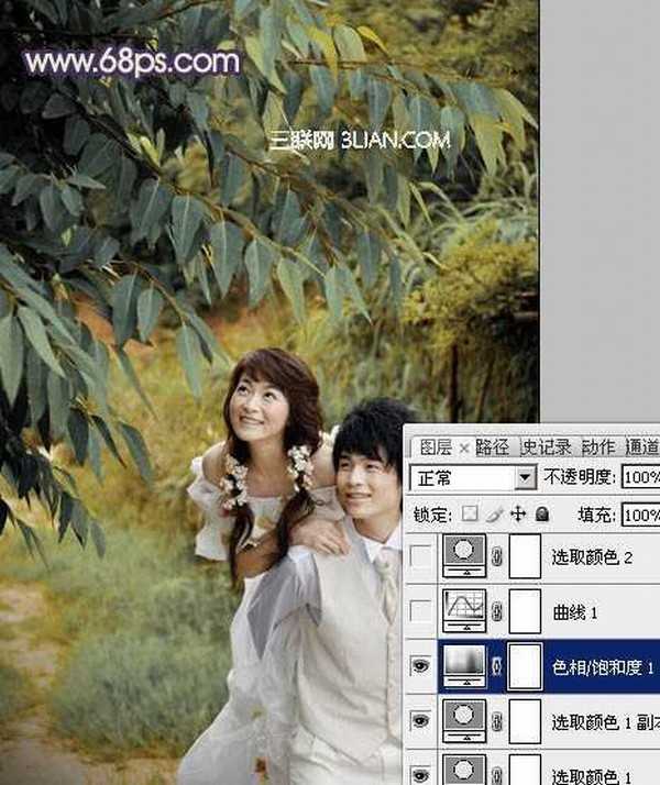 ps为树林小道上的婚纱照片调出中性色调