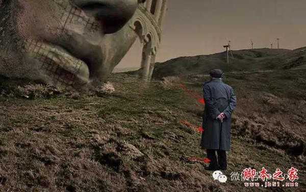 用PS图片素材合成一个石屋前的老人抽象画