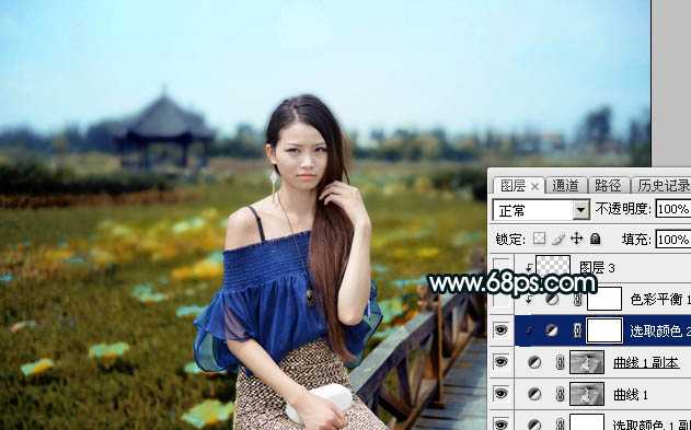 Photoshop调制出荷塘边的人物加上暗调晨曦暖褐色