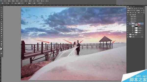 Photoshop给外景婚片添加唯美的夕阳云彩效果