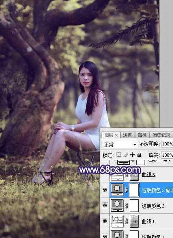 Photoshop调制出甜美清新的淡蓝色树林人物图片