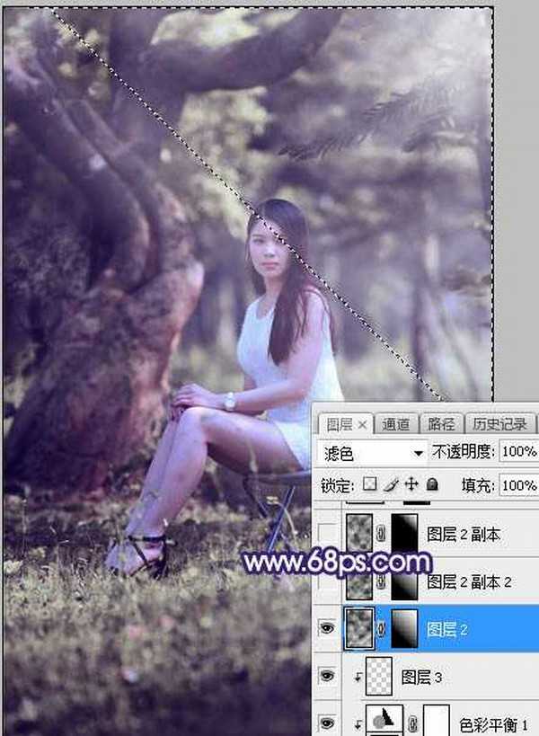 Photoshop调制出甜美清新的淡蓝色树林人物图片