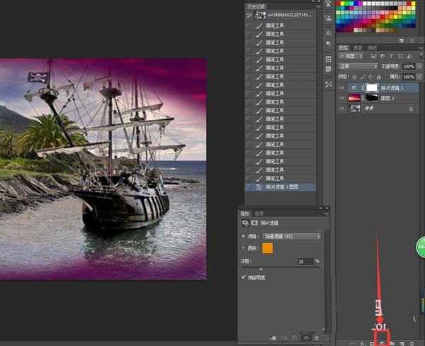 ps cs6怎么给海盗船合成黄昏特效?