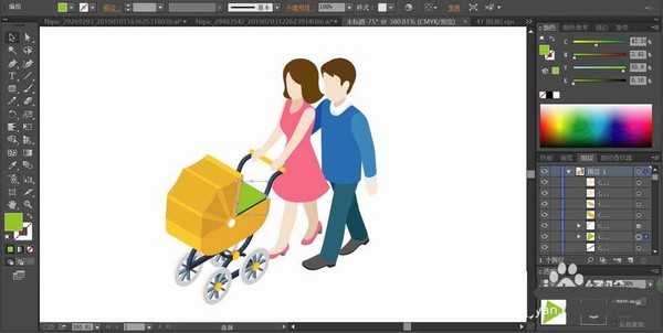 ai怎么绘制推儿童车的一家三口插画图?